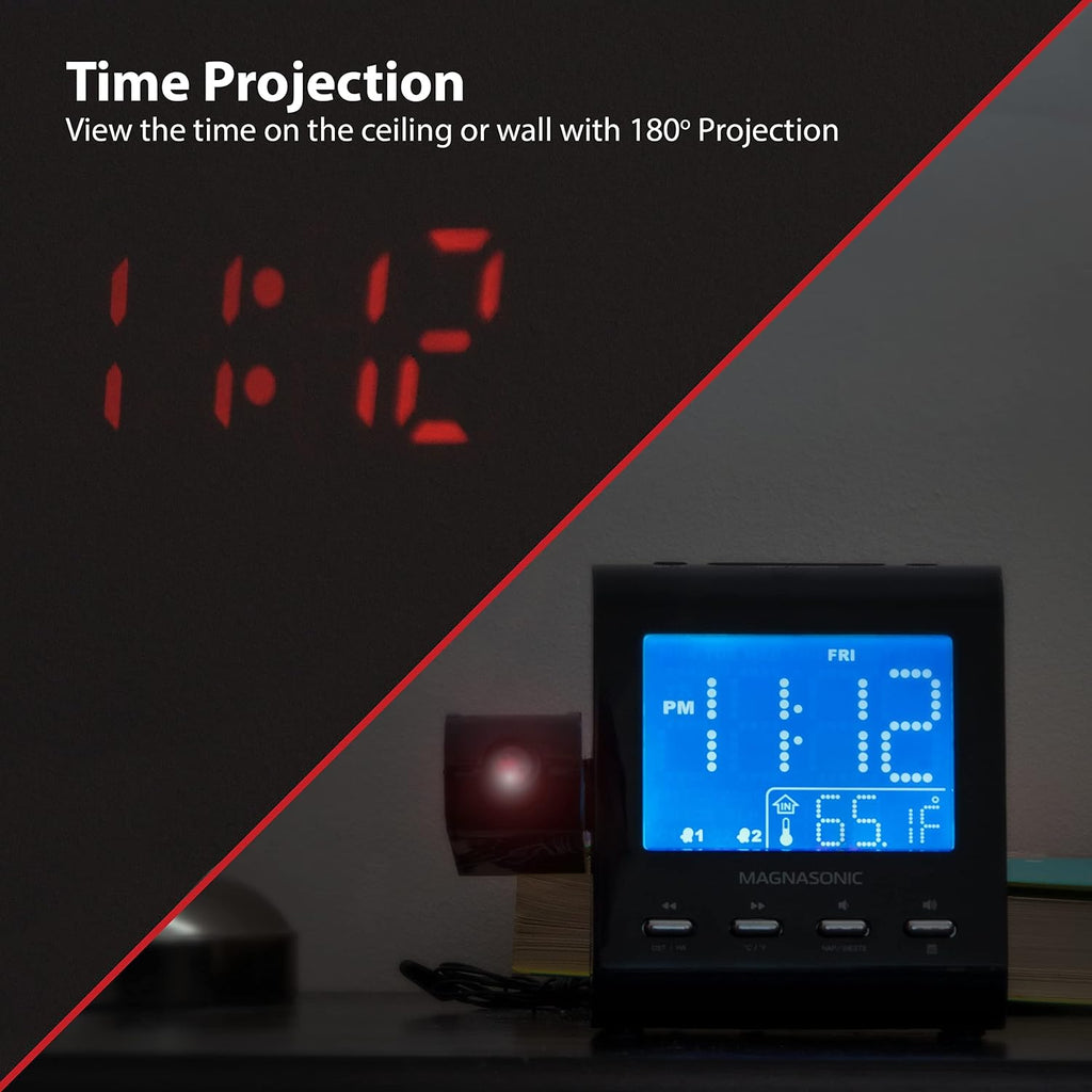 magnasonic projection alarm clock with am/fm radio, battery, close-up detail