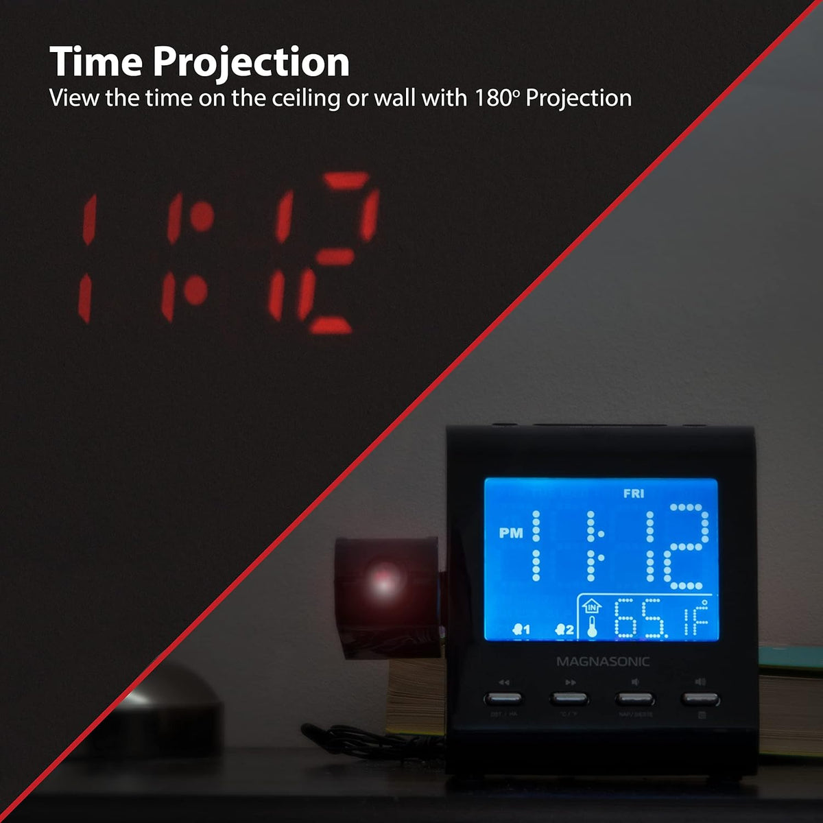 magnasonic projection alarm clock with am/fm radio, battery, close-up detail