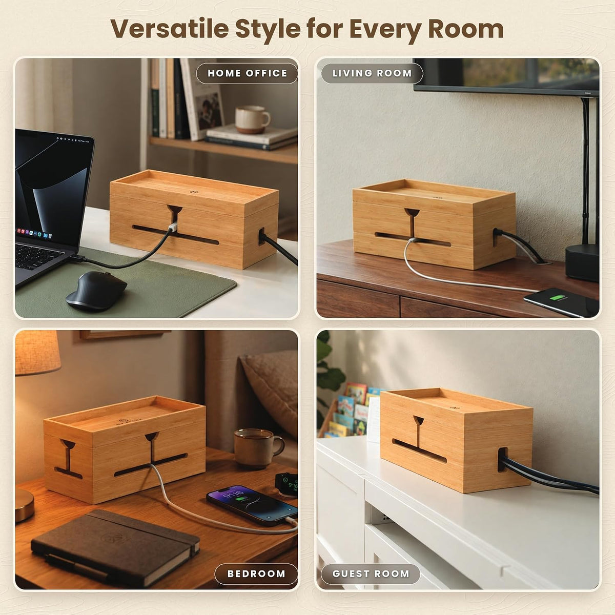 Bamboo Cable Management Box, Large 13.4” Wooden Cord Organizer Box