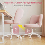 DurayLoly Vanity Chair with Open Back & Wheels,Armless,Pink | Armless,Silent Wheels, Height Adjustable, Soft Teddy Fabric, 360° Swivel for Bedroom Vanity & Home Office, Candy Pink