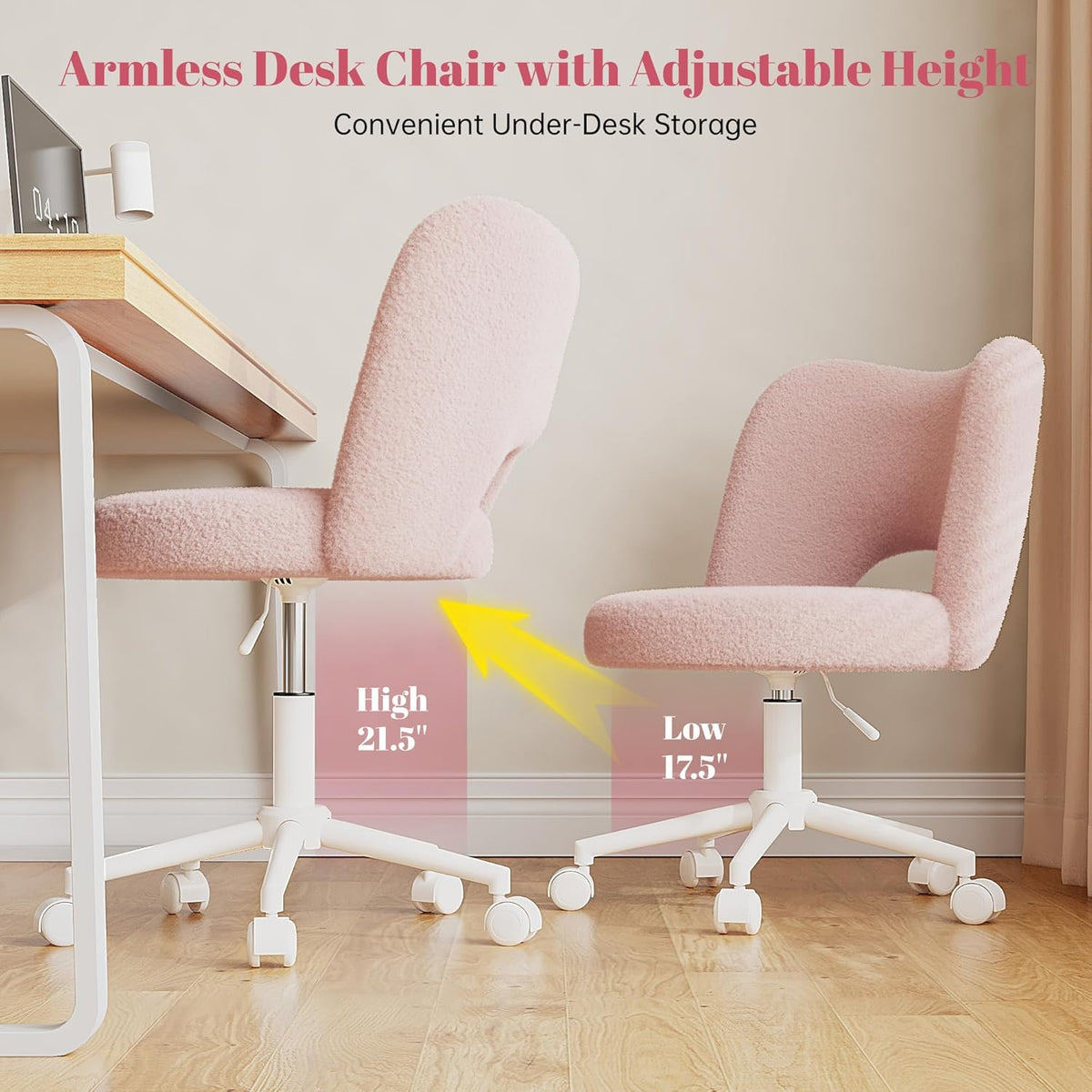 DurayLoly Vanity Chair with Open Back & Wheels,Armless,Pink | Armless,Silent Wheels, Height Adjustable, Soft Teddy Fabric, 360° Swivel for Bedroom Vanity & Home Office, Candy Pink