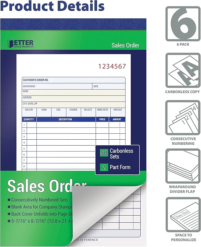 Better Office Products Large Sales Order Books, 6 Pack, 2-Part Carbonless - Image 3