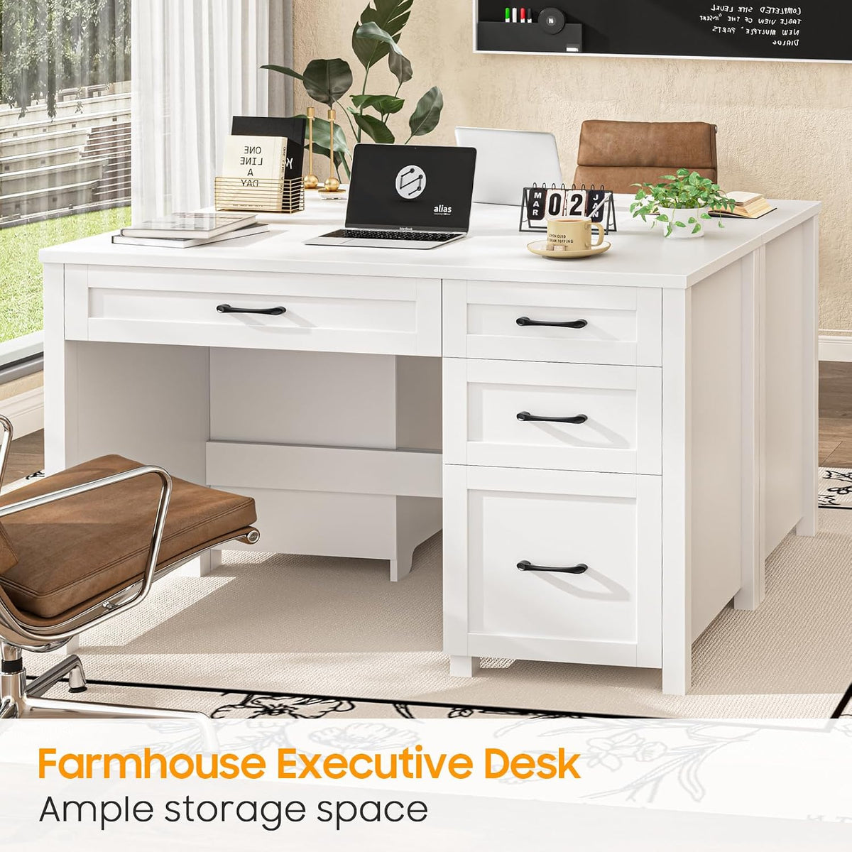 Farmhouse 47" Executive Desk, Computer Desk with File Drawer, Cream White