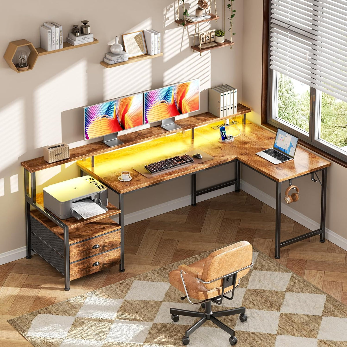 Korfile 57'' L Shaped Computer Desk with Storage Drawers, Power Outle...