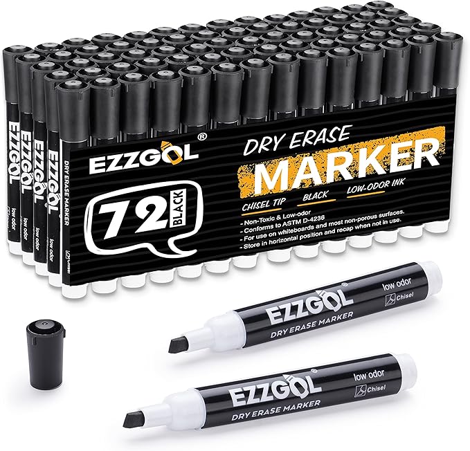 Ezzgol Dry Erase Markers Bulk, 72 Pack Black Low Odor Whiteboard Markers by Ezzgol
