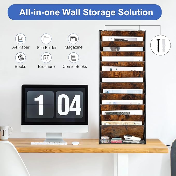 Solinxe 10-Tier Wall File Organizer, Wood Mail Organizer Wall Mounted Paper - Image 2