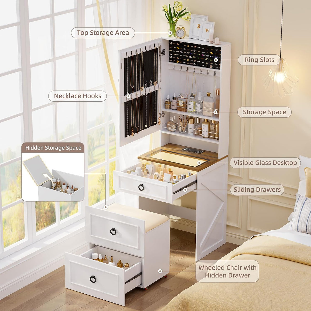 3 in 1 Small Vanity Desk with Lights and Mirror,Charging Station,White