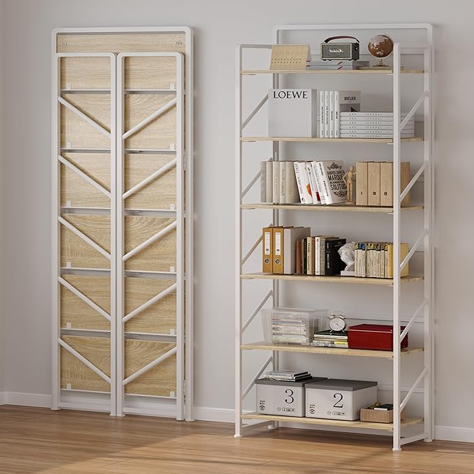 JSB No Assembly Folding Bookshelf, 6 Tier Industrial Metal Book Shelf - Image 4