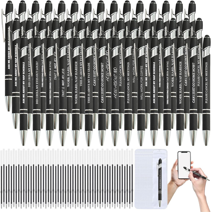 150 Pcs Funny Sarcastic Pens - 50 Set Ballpoint Pens with Refills & Bags,Fun Pen with Snarky Sayings, Stylus Tip - Demotivational Pen for Adults, Coworker, Office - Funny Gag Gift, Novelty Gift(Black)