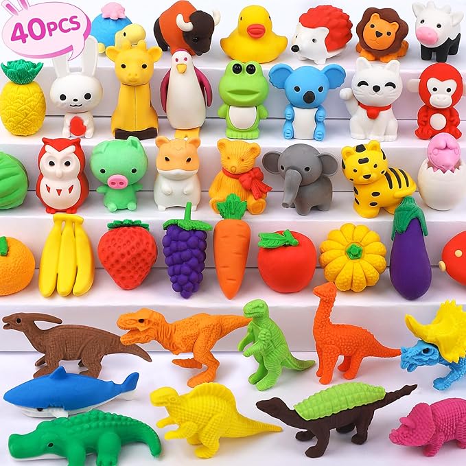40 Pcs Animal Erasers Desk Pet for Kids 3D Puzzle Pencil Eraser Treasure Box by WITALENT