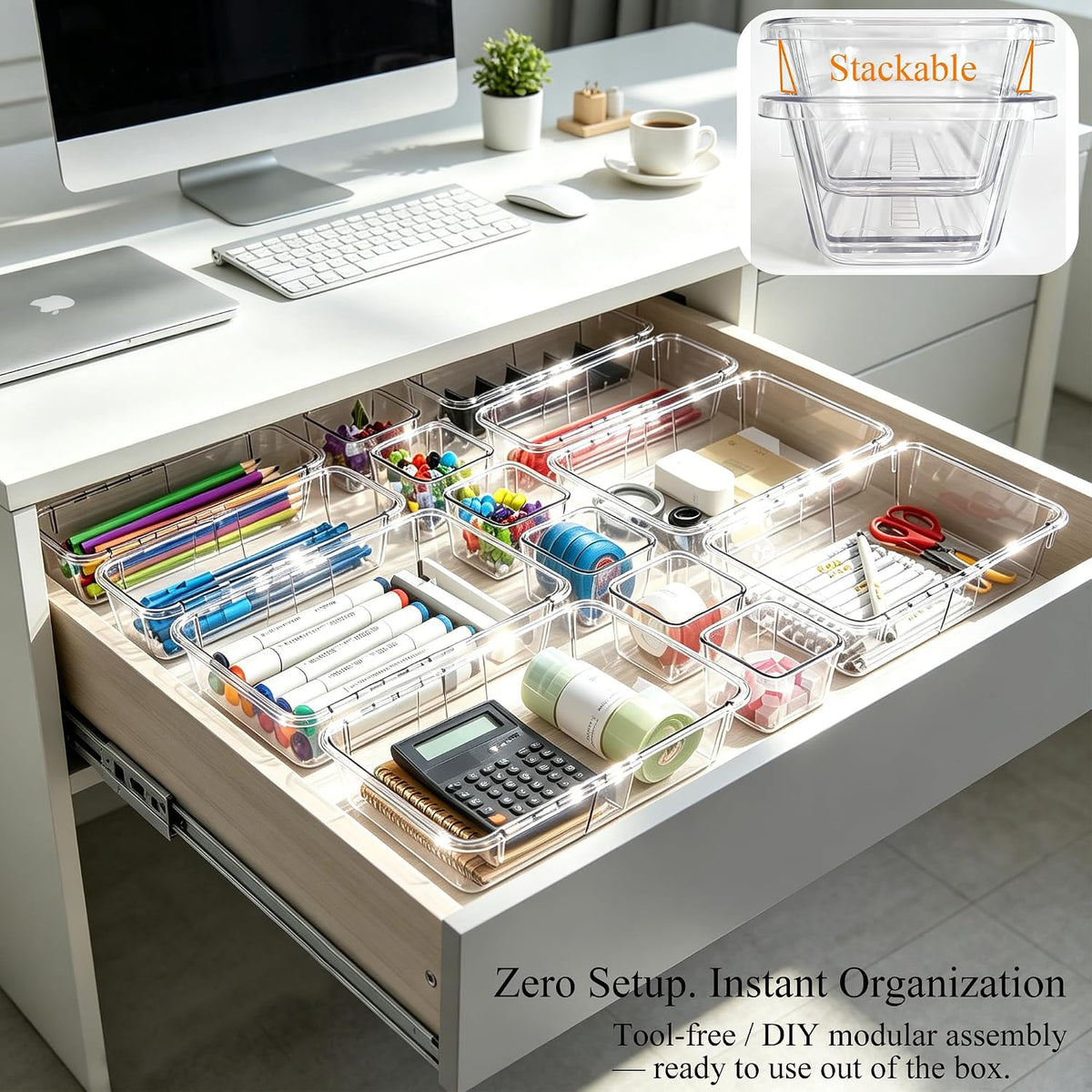 15Pcs Clear Expandable Drawer Organizer Bins for Vanity Desk Bathroom