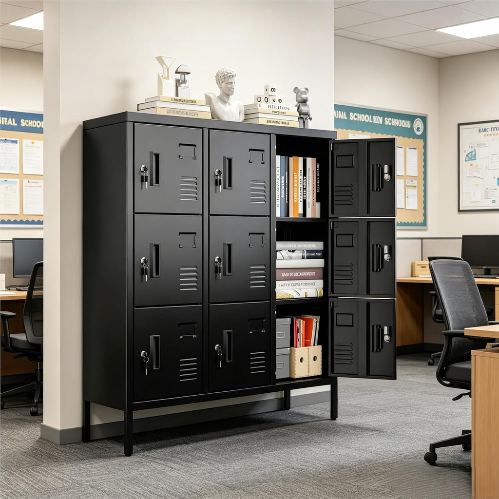 9-Door Metal Locker for Employees with Keyed Compartments | 15.79"D x 35.51"W x 37.8"H; 9 vented compartments with card slots, 18 keys and adjustable leveling feet.