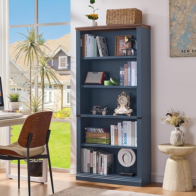 RWYHG 70" Blue Tall Bookshelf, 5-Tier Thick Wooden Book Shelf by RWYHG