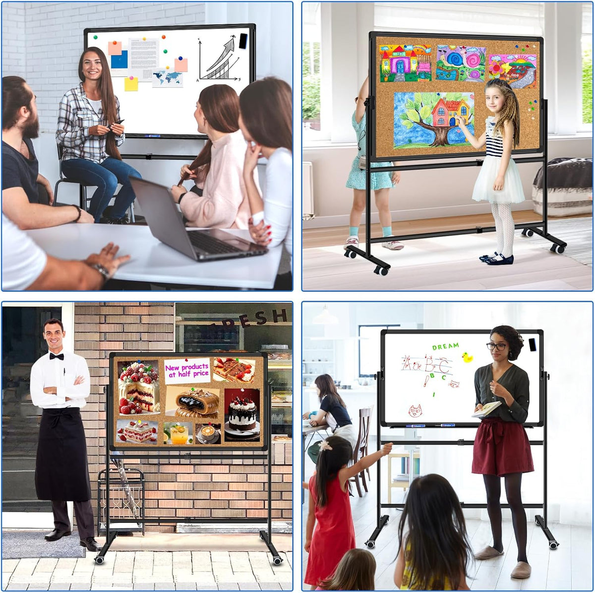 Max-officoo 36"x24" Double-Sided Mobile Whiteboard and Cork Boards ...