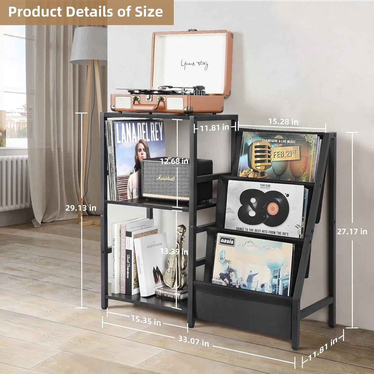 Bikoney Record Player Stand, Turntable Stand with 3-Tier Vinyl Record Storage...
