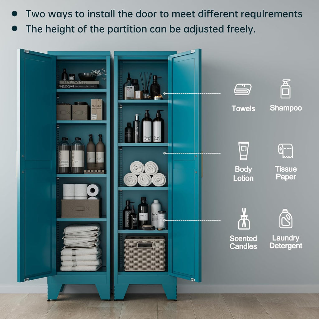 Washsemba 67'' Farmhouse Metal Storage Cabinet with Barn Doors, Steel File Cabinet for Home Office, Kitchen Pantry 4 Adjustable Shelves, Freestanding Cupboard (Peacock Blue)