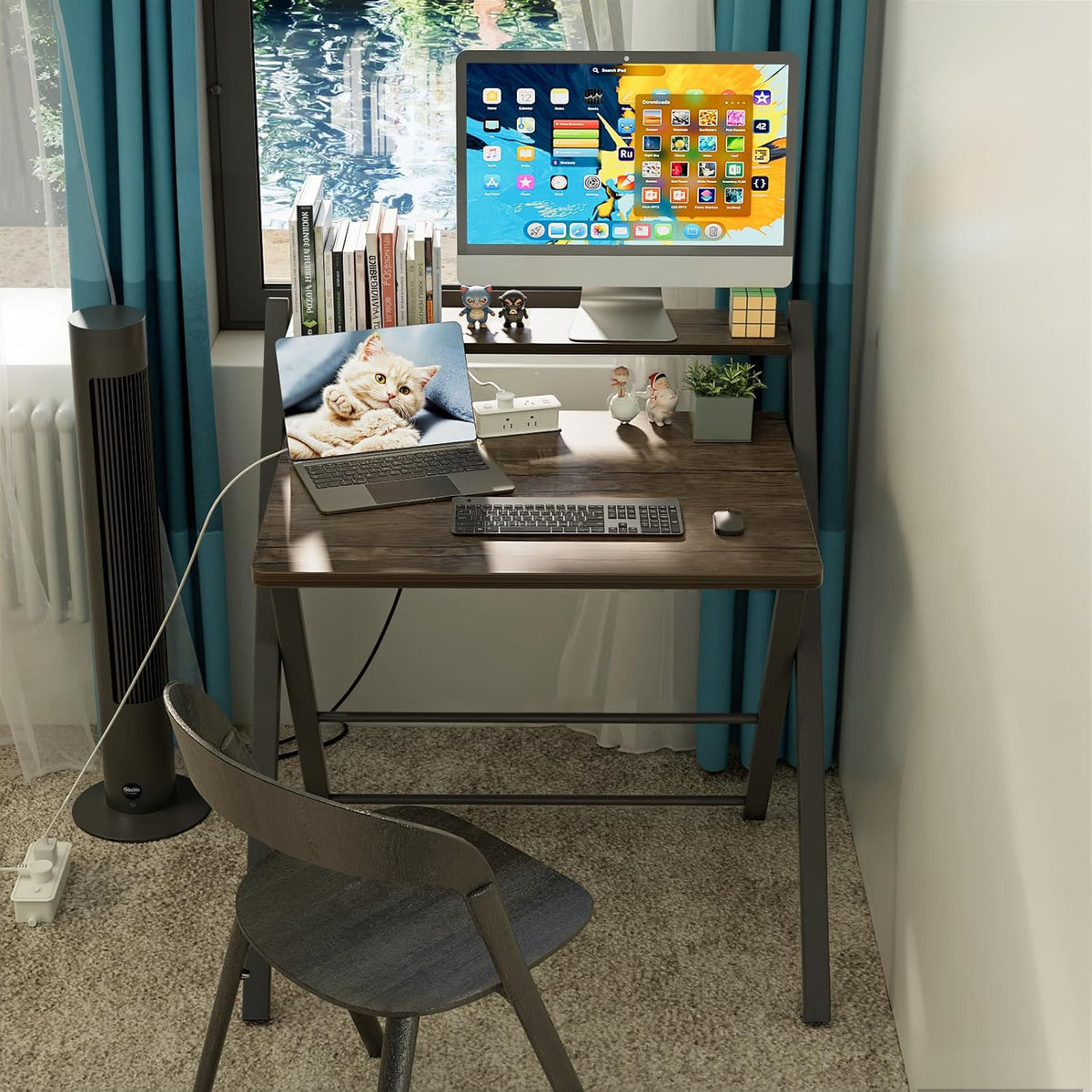 GreenForest No Assembly Folding Desk, 2-Tier Compact Computer Desk with Shelf...