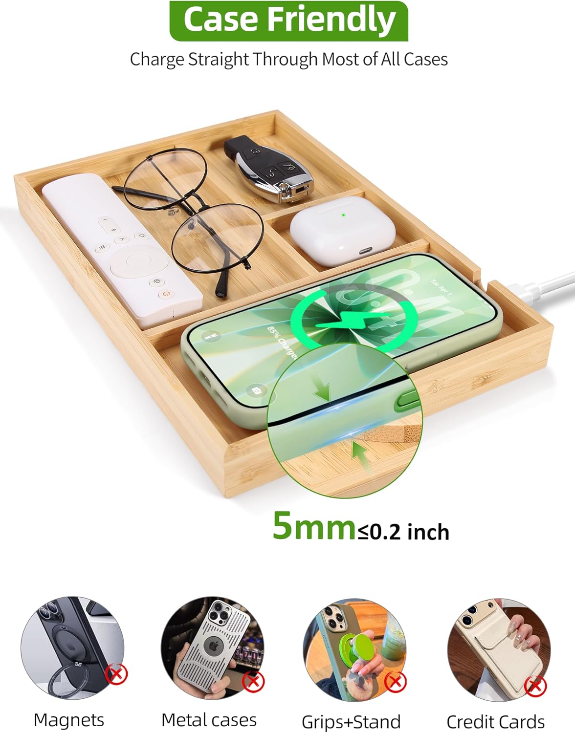 Bamboo Valet Tray with Dual Wireless Charger - EDC Nightstand Organizer for M...