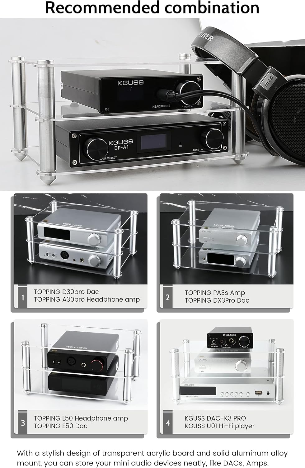 KGUSS Mini Audio Component Rack Acrylic 2-Layer Aluminium Holders Small Deskt...