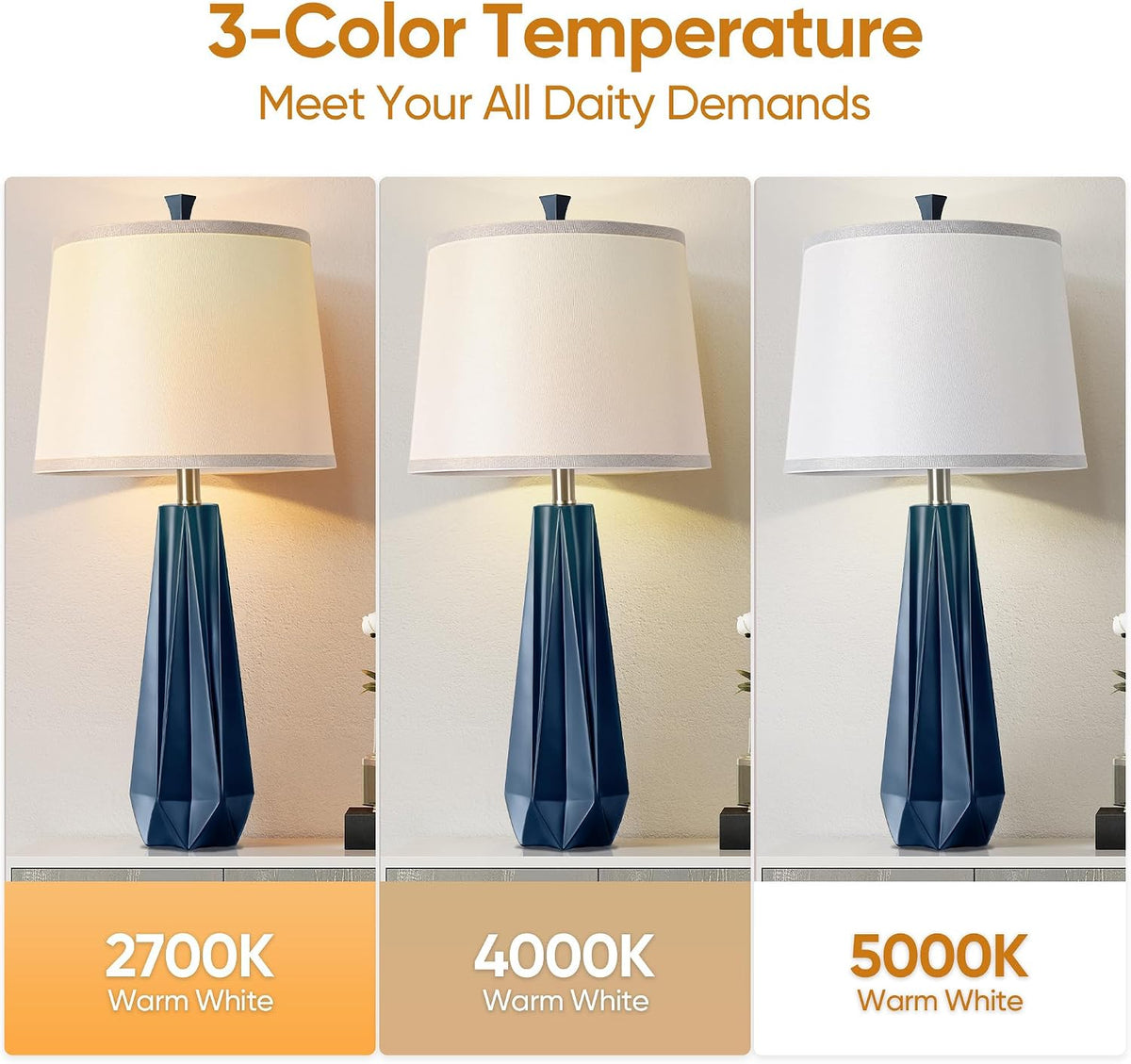 WIHTU 27'' Navy Blue Resin Table Lamps, Desk Lamps with 3 Color Tempe...