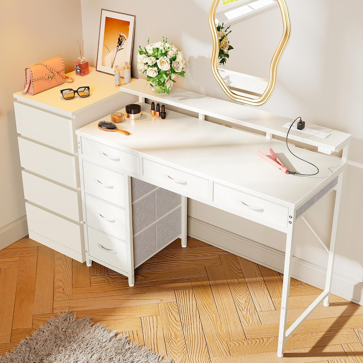 Huuger Gaming Desk with 6 Drawers, Computer Desk with LED Lights Power Outlet...