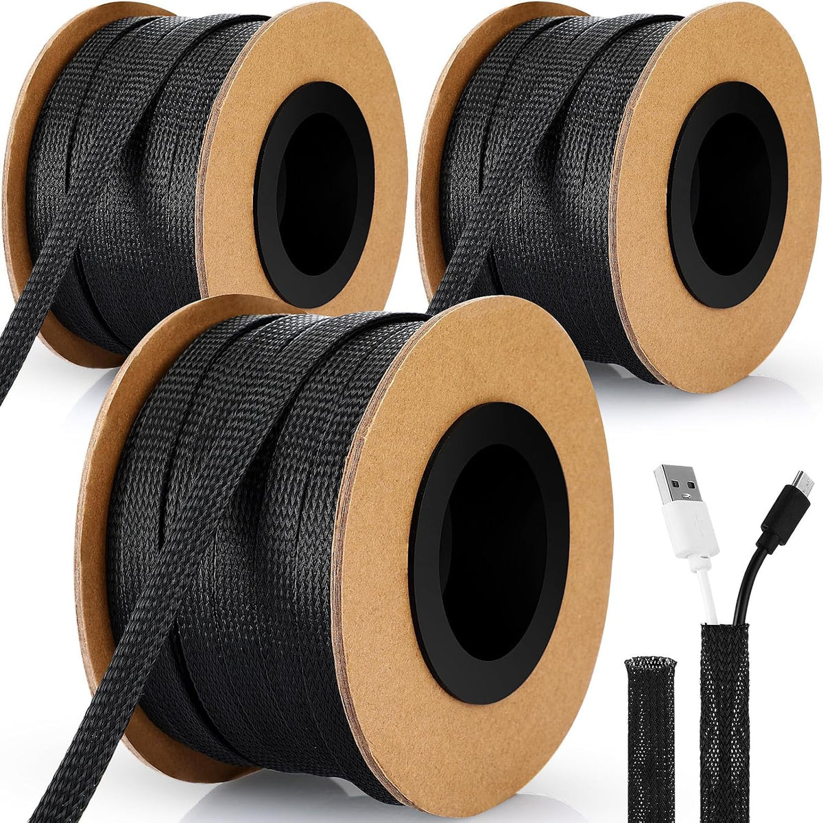 Pangda Braided Wire Loom 1/4, 1/2, 3/8'' X 300 Ft, Black