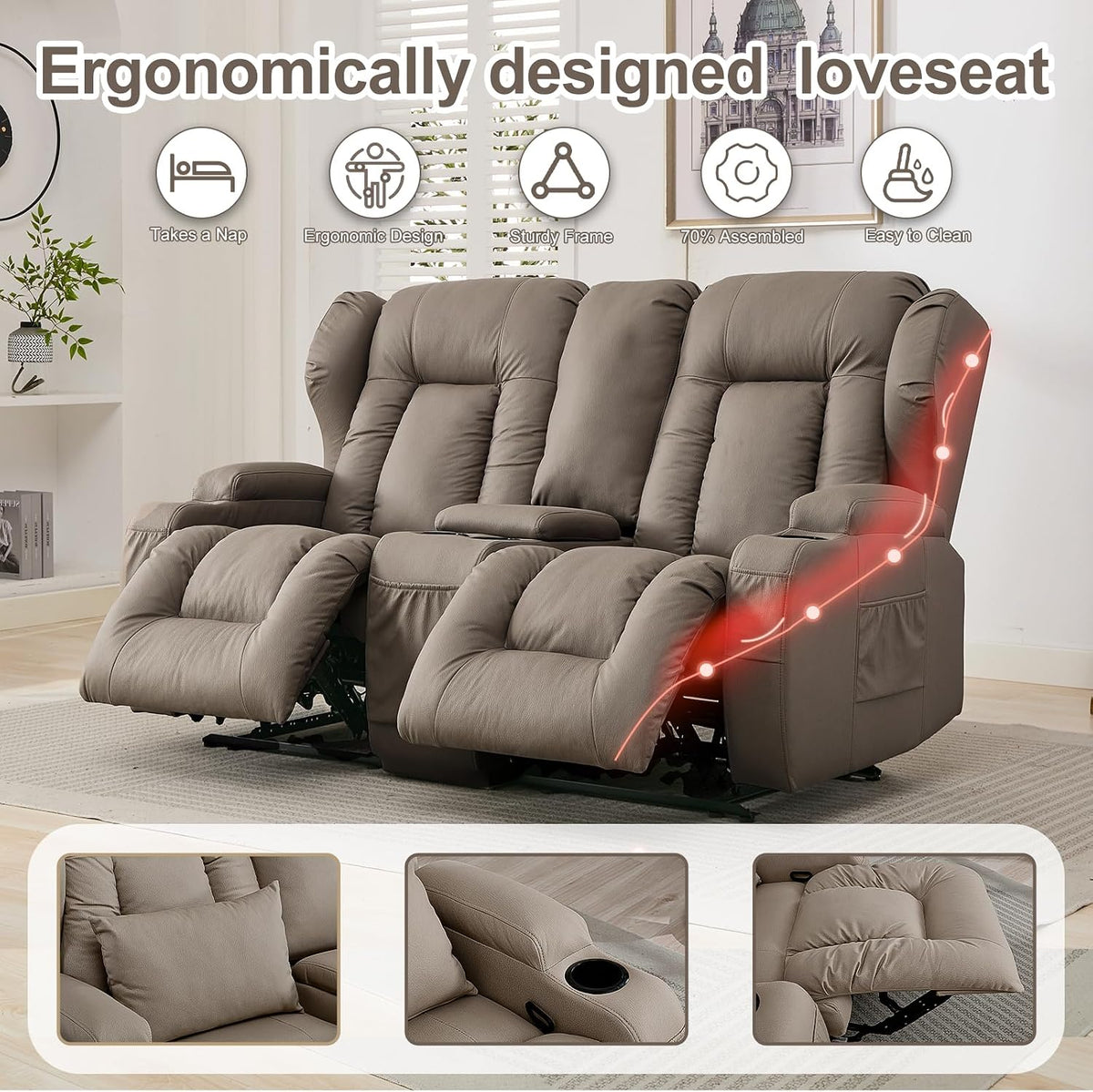 SAMERY 65.5" RV Loveseat Recliner Sofa, Wall Hugger Reclining Loveseat