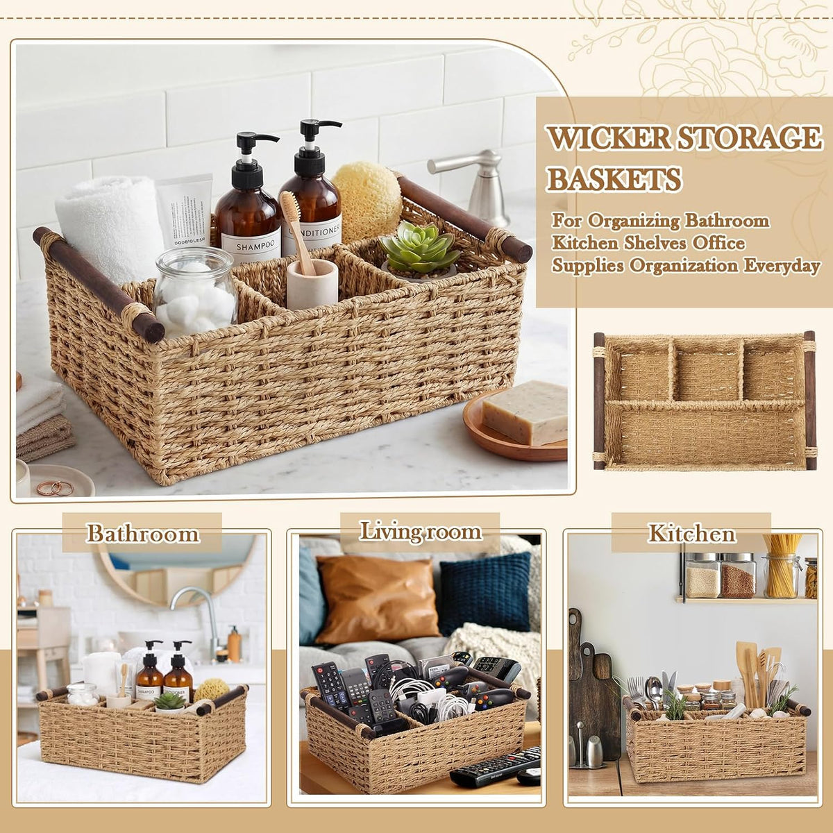 Remerry Beige Bathroom Countertop Organizer Caddy, Wicker-Like Divided Basket...