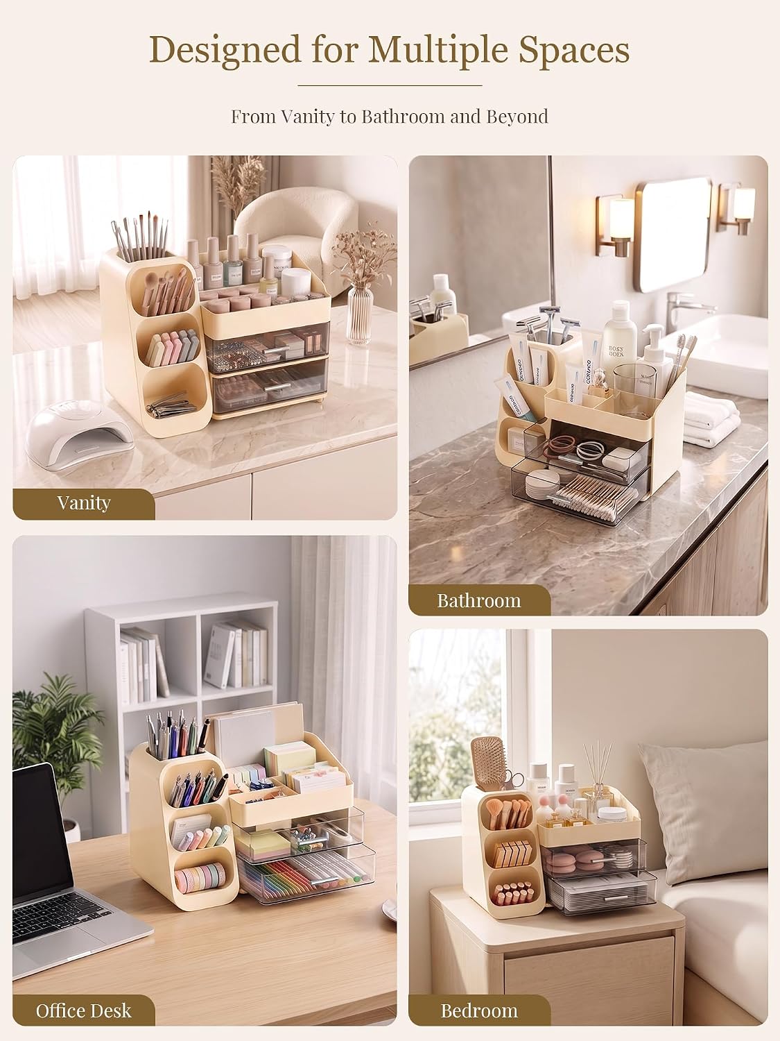 Booklov Large Makeup Organizer for Vanity Countertop, Cream
