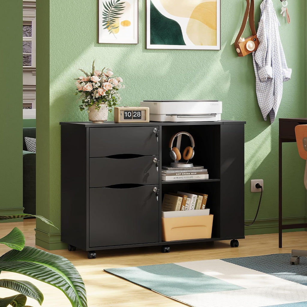 DEVAISE 3 Drawer Lateral Rolling File Cabinet with Lock (Black) | Wood, Charging Station, Open Storage Shelves, Letter & A4 Files, Printer Stand, Home Office