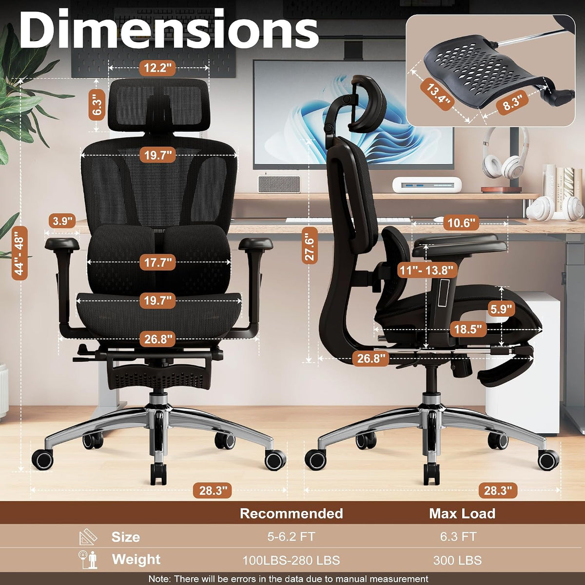 Vonesse Ergonomic Office Chair with Footrest, Desk Chairs with Adjustable 3D ...