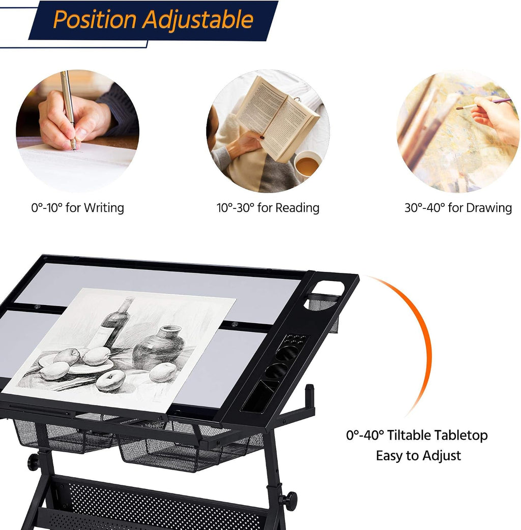 Yaheetech Adjustable Drafting Table & Stool, Tilting Glass Art Desk, Black | Tempered glass top tilts 0-40 degrees for drawing or tracing on a sturdy iron frame, with 2 mesh drawers for craft supplies.