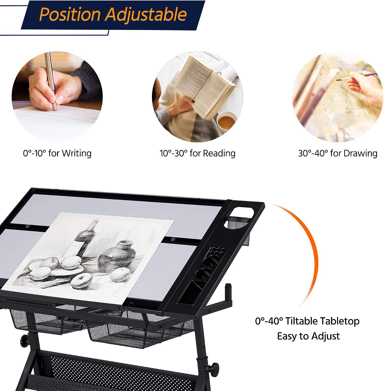 Yaheetech Adjustable Drafting Table & Stool, Tilting Glass Art Desk, Black | Tempered glass top tilts 0-40 degrees for drawing or tracing on a sturdy iron frame, with 2 mesh drawers for craft supplies.