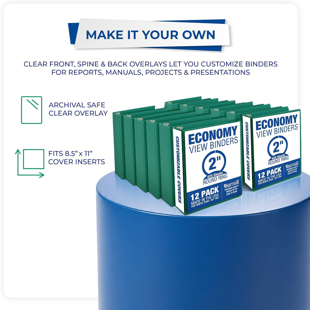 Samsill 2 Inch 3 Ring Binders, Economy Round Ring, Clear View Cover, 425 Sheet Capacity - for School, Home, Office - Green, 12 Pack