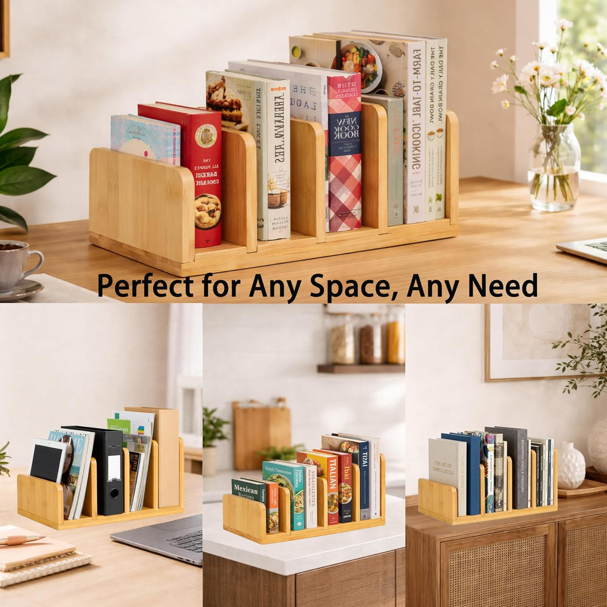 Natural Bamboo Cookbook Organizer Stand, 4 Slots Vertical Book Rack for Kitch...