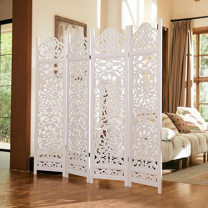 5.75Ft Room Divider Wood Screen, 33Lbs Durable MDF Carved Rustic Style Headboard - Image 2