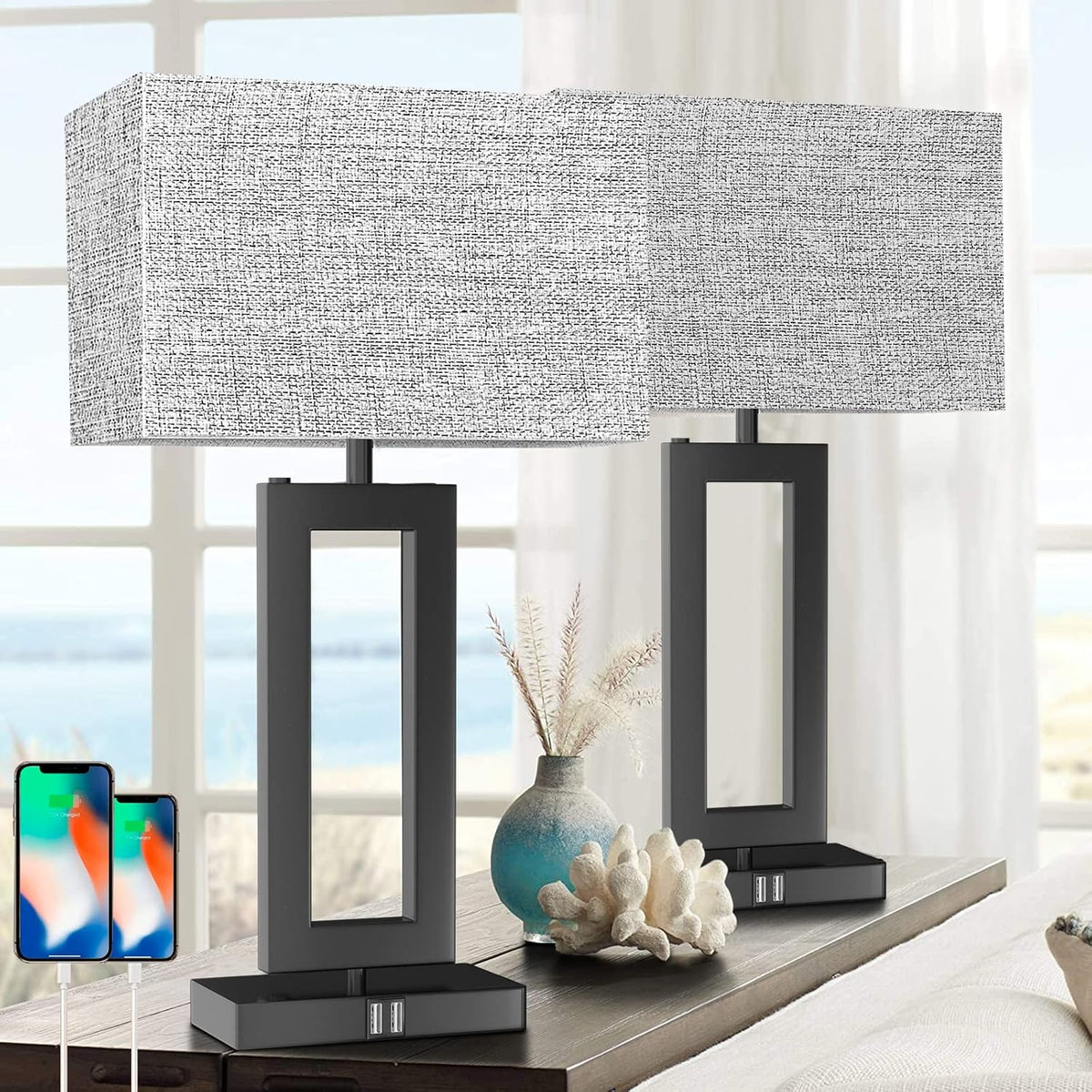 MoMyofdy 22’’ Tall Set of 2 Touch Control Table Lamp w. 2 USB Ports, 3-Way Di...