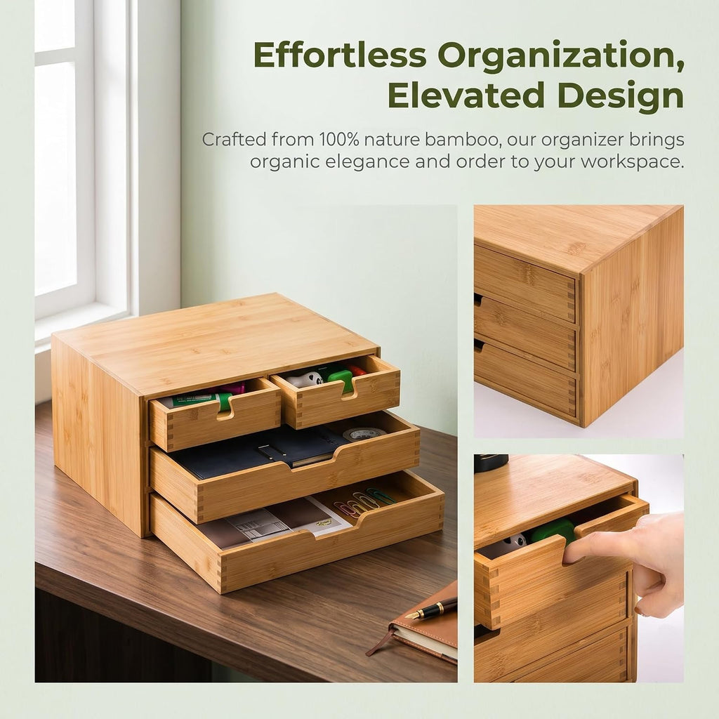 deayou bamboo desk organizer, 100% natural bamboo desktop showing dimensions