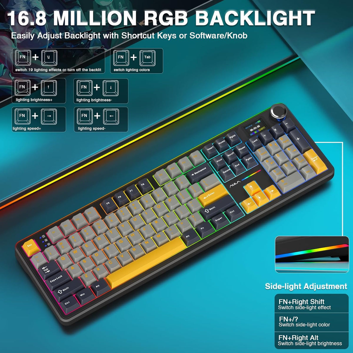 AULA F108 PRO - Wireless Mechanical Keyboard with Screen&Knob,Hot Swappab...