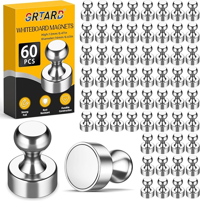 Grtard 60 Pack Magnetic Push Pins, Fridge Magnets by Grtard