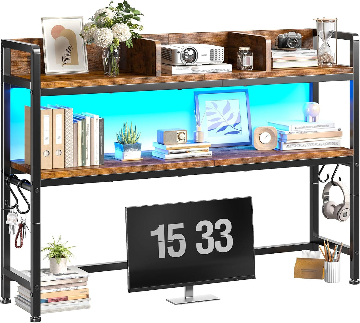 REIBII 2-Tier Desk Shelf, LED, Bedroom and Home Office, Rustic Brown