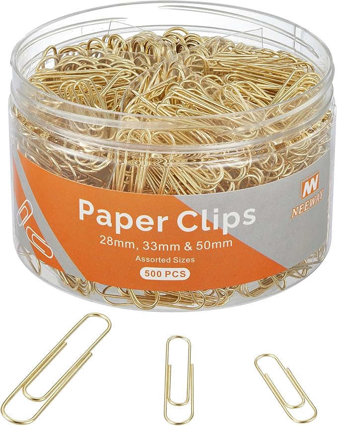NEEWAY 500pcs Gold Paper Clips Assorted Sizes Small, Medium and Large Paperclips by NEEWAY