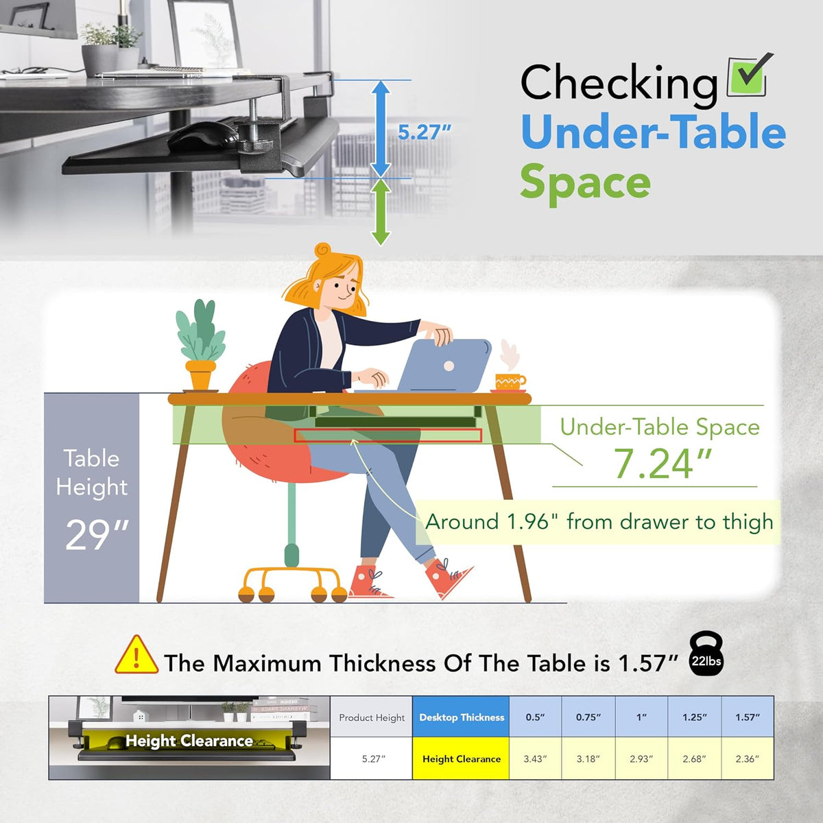 EHO Under Desk Keyboard Tray, Large 27.5" x 12.2" Slide-Out Clamp-O...