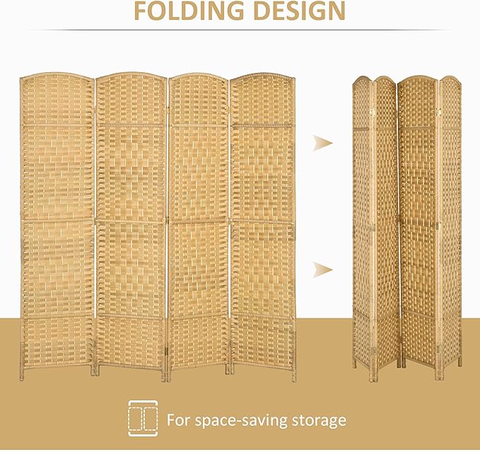 HOMCOM 4 Panel Room Divider, Hand-Woven Freestanding Wood Partition - Image 3