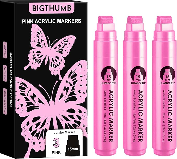BIGTHUMB 3 Pcs Pink Jumbo Permanent Markers: 15mm Wide Tip Thick Acrylic Paint by BIGTHUMB