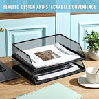 Hicarer 2 Pcs Black Metal Letter Tray Stackable Desk Tray Single Wire Mesh - Image 2