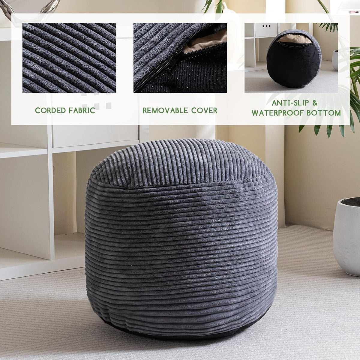 higogogo round stuffed pouf ottoman, corduroy poufs with, close-up detail