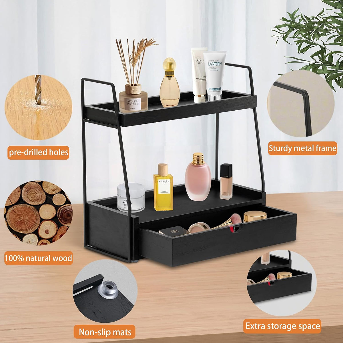 2-Tier Bathroom Countertop Organizer with Drawer, Wood Vanity Shelf Black