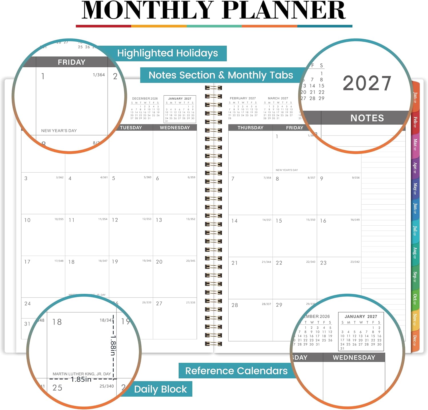 Indeme 2027 Planner - 2027 Monthly Planner, Monthly Calendar 2027 | 9" x 11", Jan 2027 - Dec 2027, Large, Twin-wire Binding, 12 Months Tabs, Holidays, Two-Sided Pocket, Thick Paper