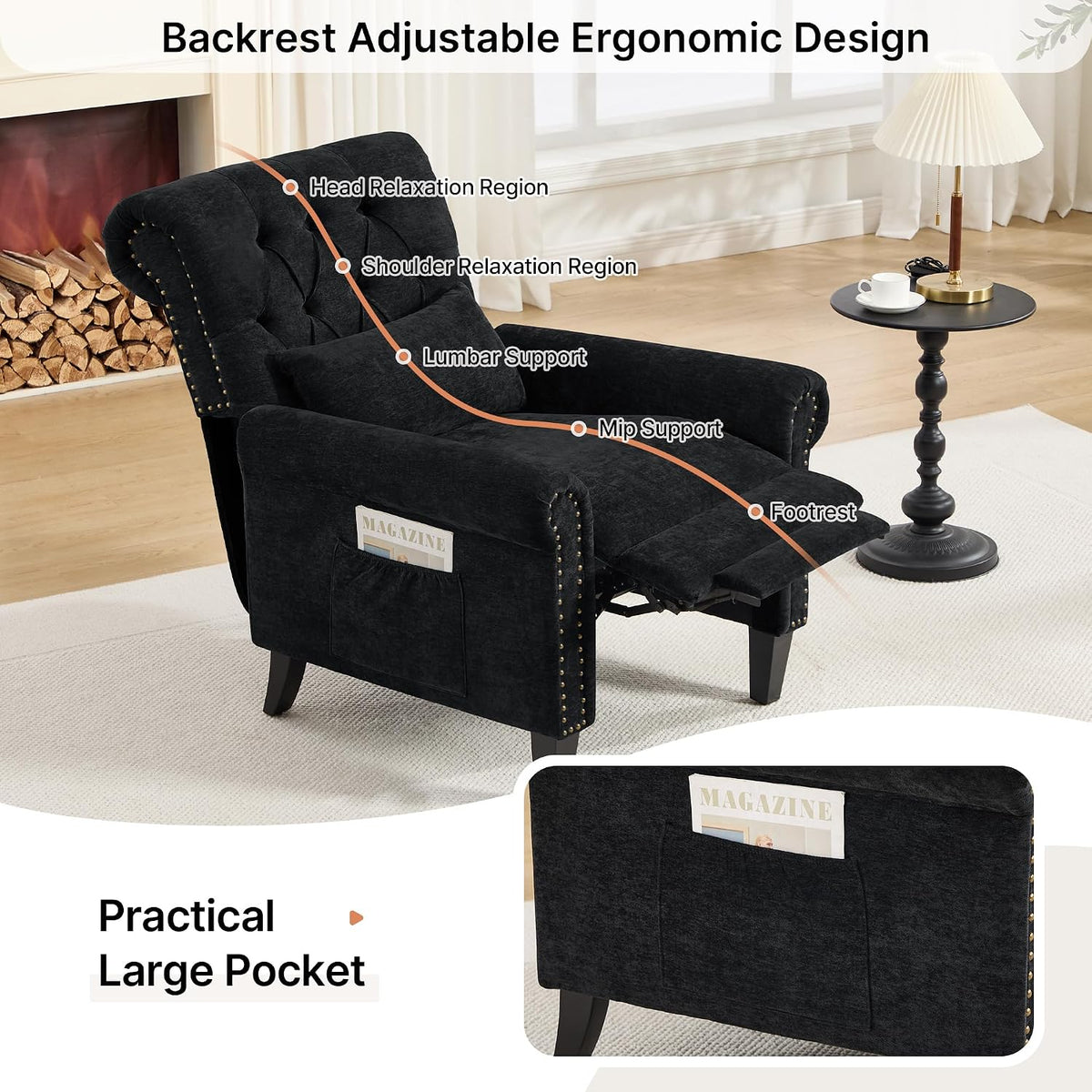 Pushback Recliner Chair, Accent Push Back Chair with Adjustable Footrest, Che...